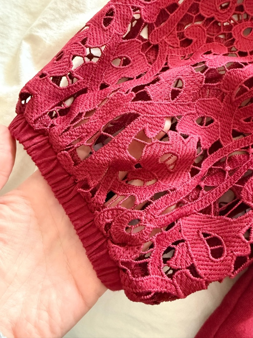 Anthropologie raspberry crochet sleeve top - Picture 2 of 3